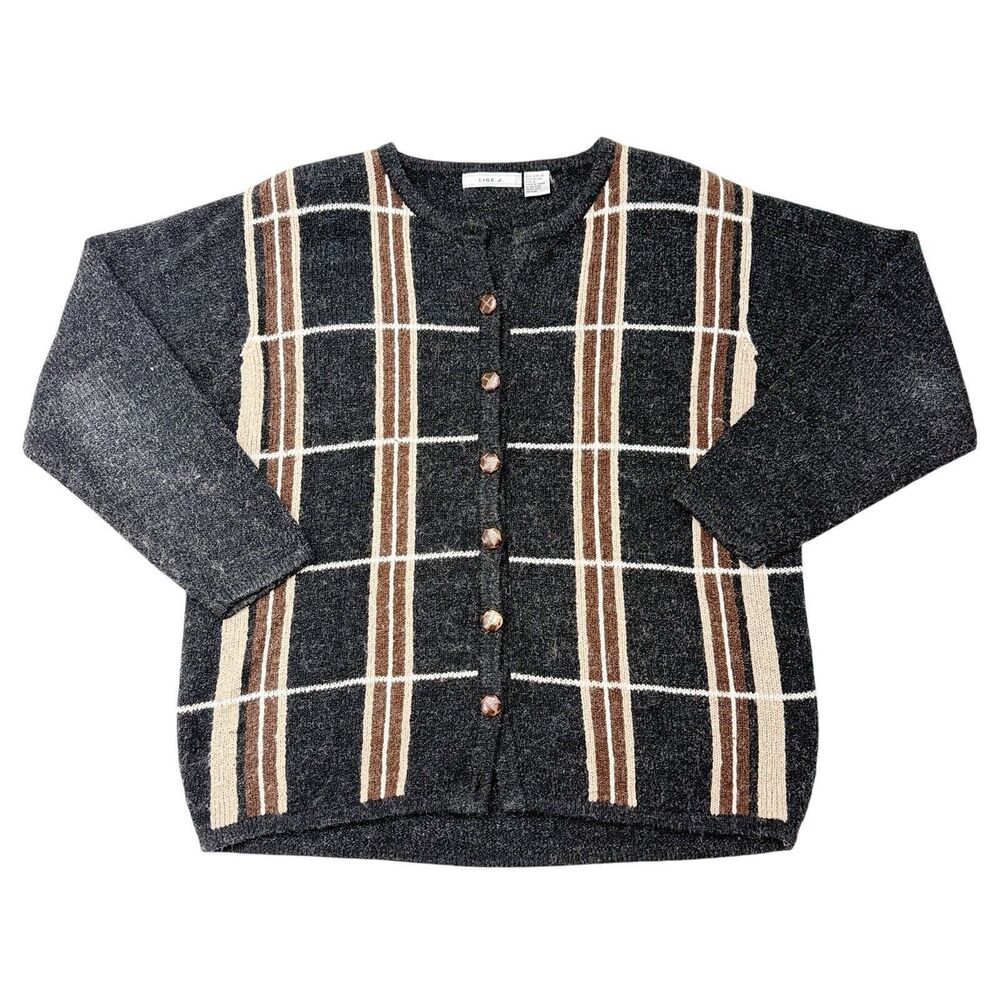 Vintage Cardigan Sweater Women’s Medium Lise J Gray Plaid Grandmacore Old Money